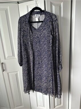 Robbie Bee Silk Navy and Cream Paisley 2 piece Long Sleeve Dress
